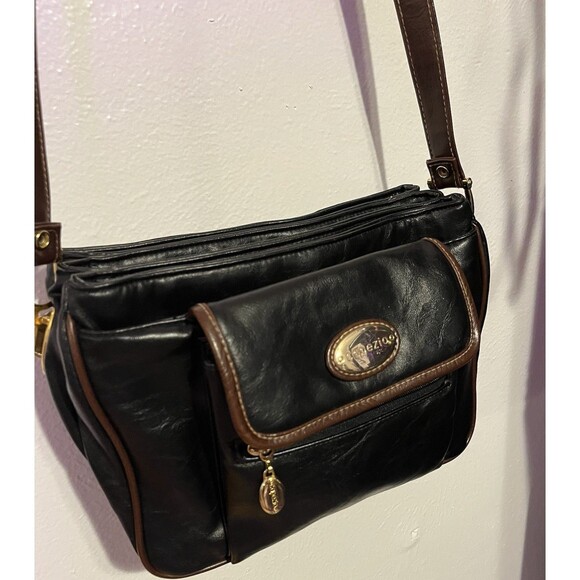 Vintage 80s Capezio Black & Brown Leather Satchel Multi-Compartment Shoulderbag - Picture 1 of 8